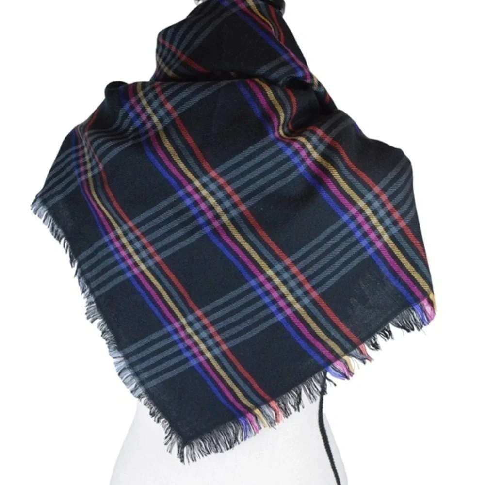 Vintage Vera‎ Neumann Large Square Acrylic Fringe Black Plaid Scarf